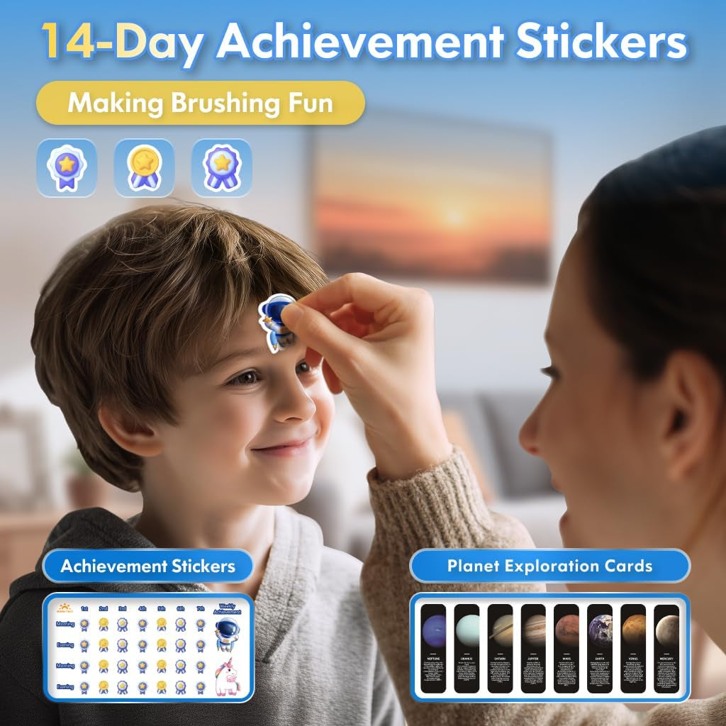 Kids Electric Toothbrush Rechargeable Age 3-5-6-12-18 Year Old, Sonic Toothbrush Kids with Timer 3 Modes 4 Vibrating Heads Habit Stickers Tooth Brush for Girls Boys and Childrens (Astronaut Black)