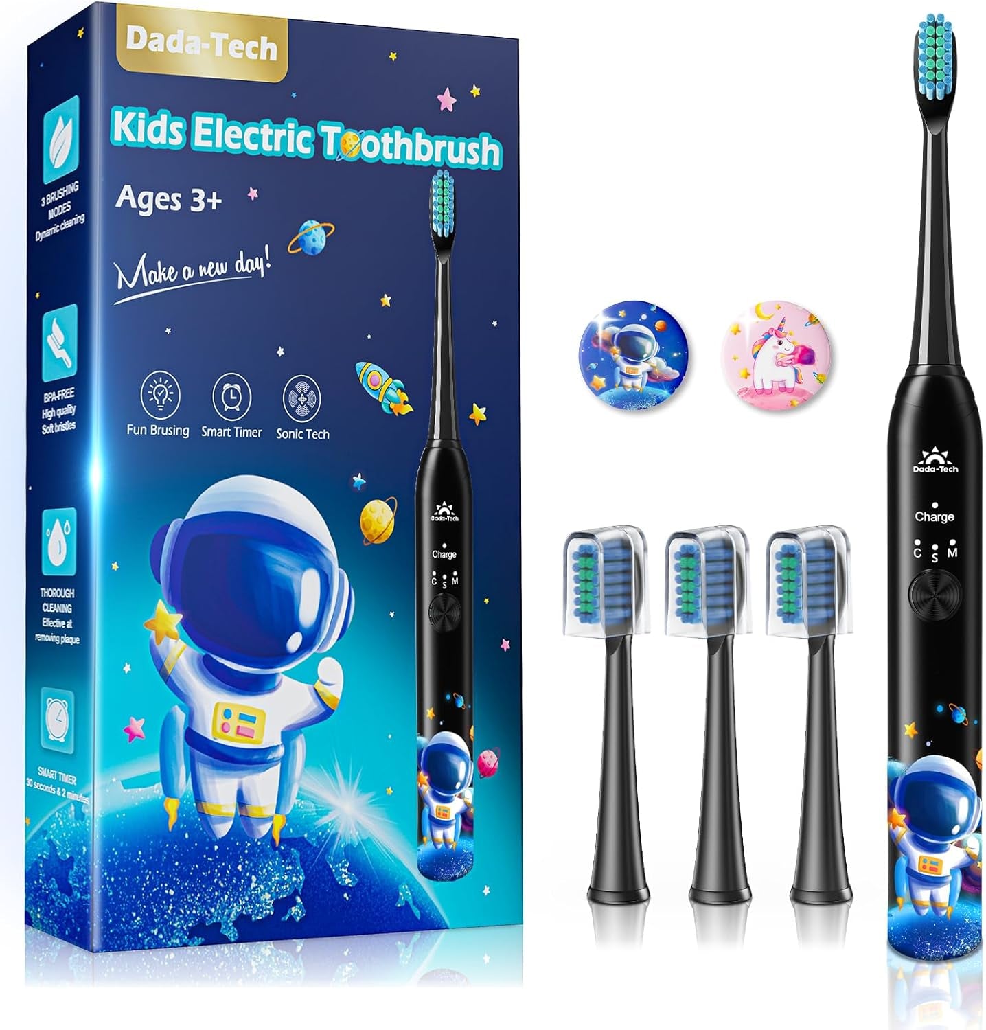 Kids Electric Toothbrush Rechargeable Age 3-5-6-12-18 Year Old, Sonic Toothbrush Kids with Timer 3 Modes 4 Vibrating Heads Habit Stickers Tooth Brush for Girls Boys and Childrens (Astronaut Black)