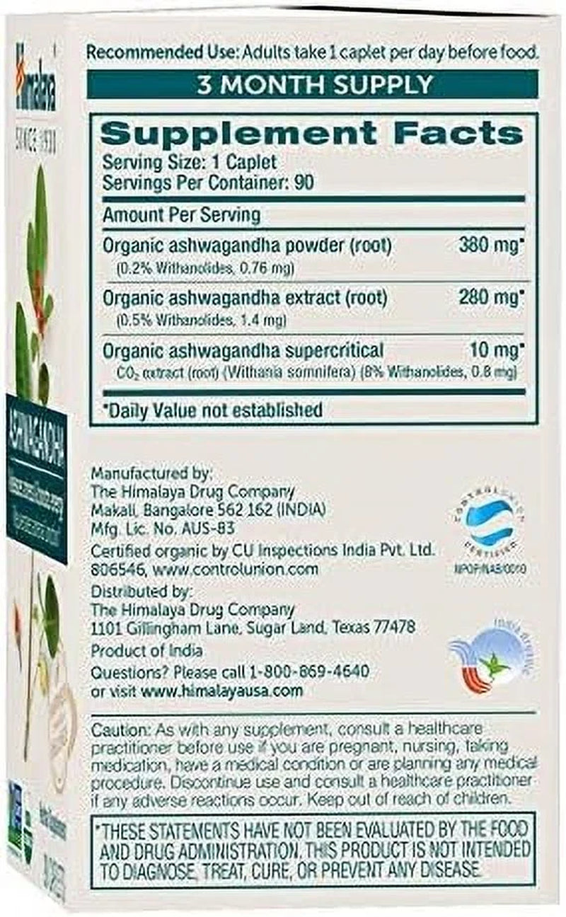 Organic Ashwagandha Root for Stress, Energy and Adrenal Support, 670 Mg, 90 Caplets