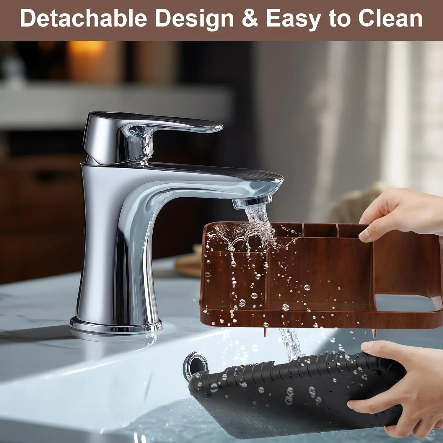 Wood Toothbrush Holders for Bathrooms Countertop Organizer - Detachable 7 Slots Kid Bathroom Decor and Accessories, Wooden Bathroom Sink Storage Organization, Caddy, Tray, Brown