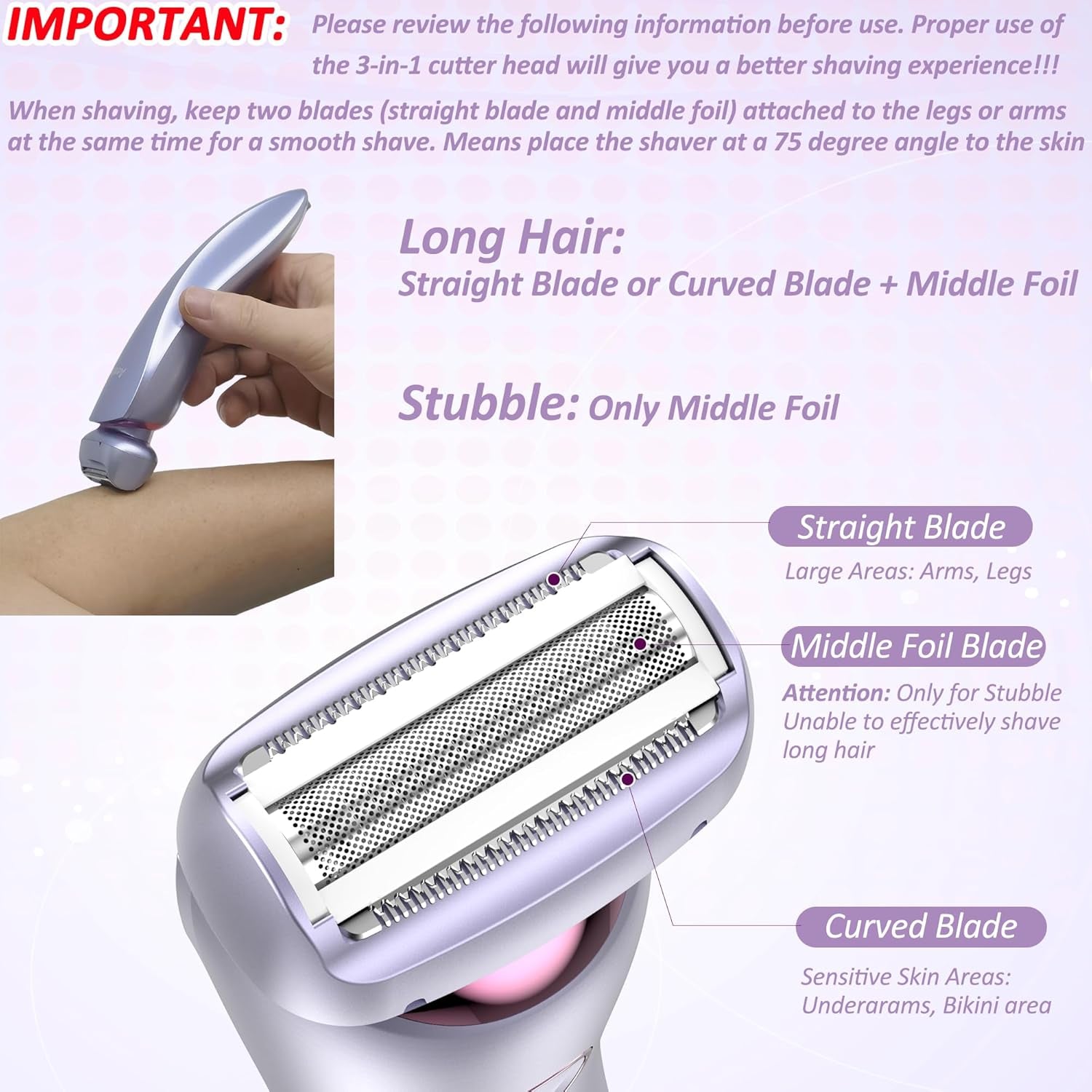 Electric Shaver for Women Legs - Electric Razors for Women Pubic Hair Underarm Arm Bikini Private Area, Portable Painless Lady Body Hair Trimmer Waterproof Wet or Dry, USB Rechargeable (Purple)