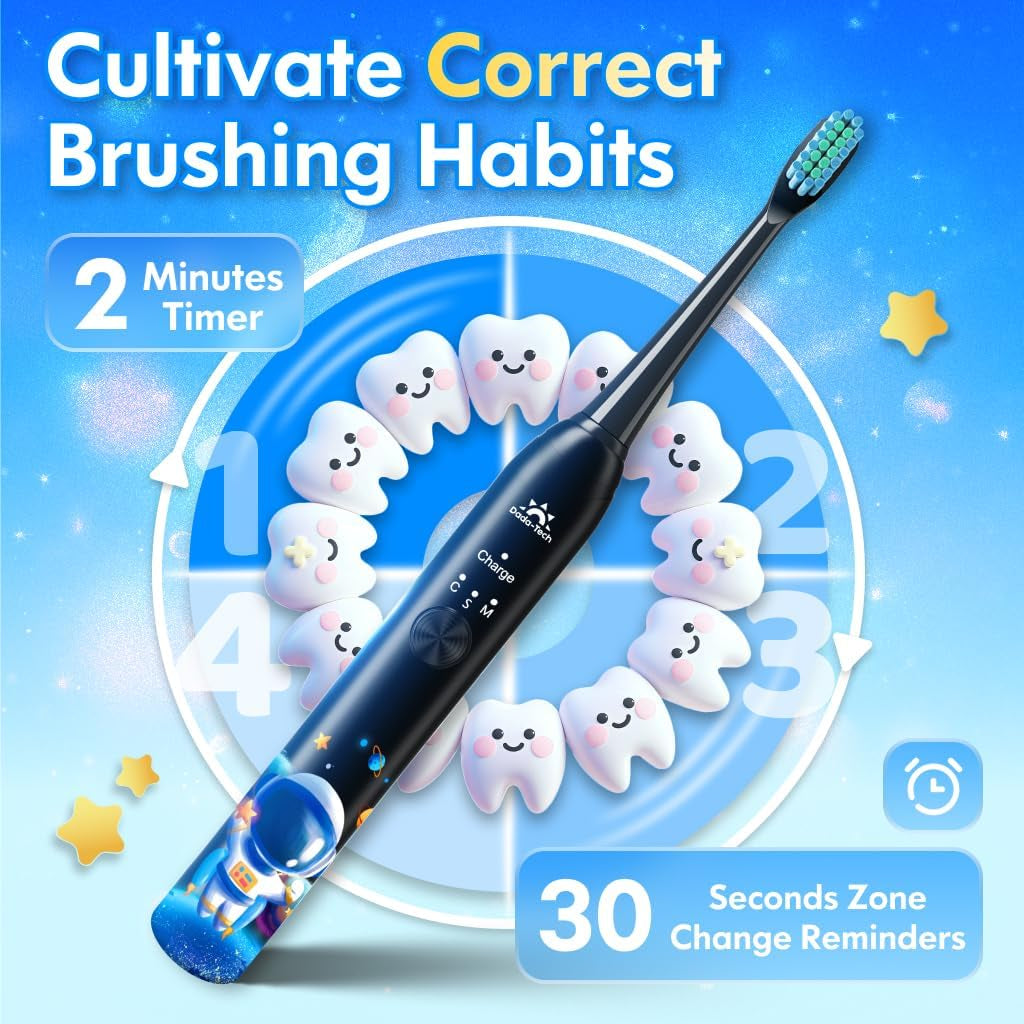 Kids Electric Toothbrush Rechargeable Age 3-5-6-12-18 Year Old, Sonic Toothbrush Kids with Timer 3 Modes 4 Vibrating Heads Habit Stickers Tooth Brush for Girls Boys and Childrens (Astronaut Black)
