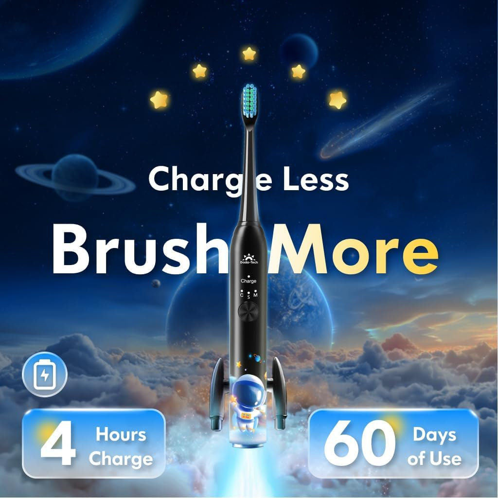 Kids Electric Toothbrush Rechargeable Age 3-5-6-12-18 Year Old, Sonic Toothbrush Kids with Timer 3 Modes 4 Vibrating Heads Habit Stickers Tooth Brush for Girls Boys and Childrens (Astronaut Black)
