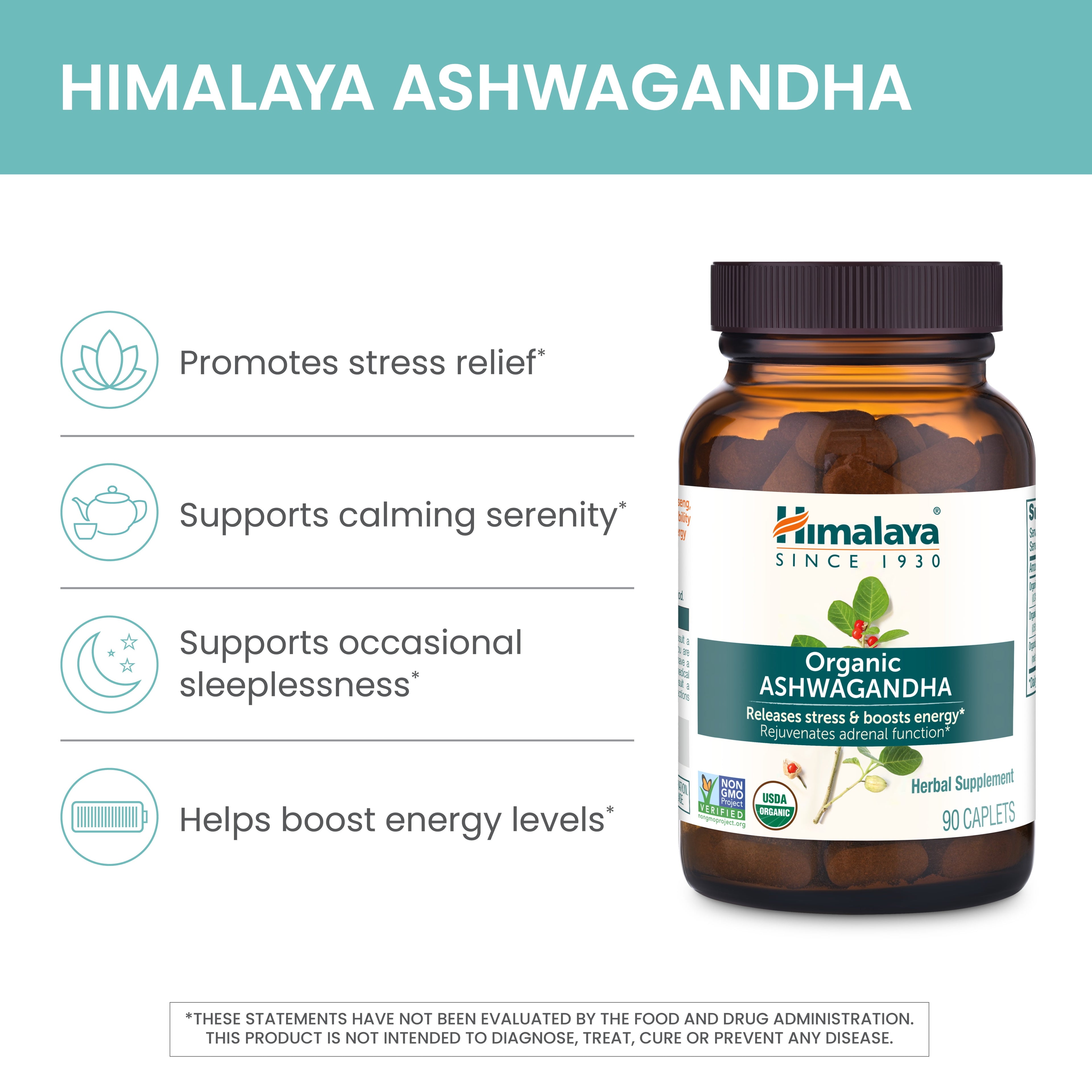 Organic Ashwagandha Root for Stress, Energy and Adrenal Support, 670 Mg, 90 Caplets