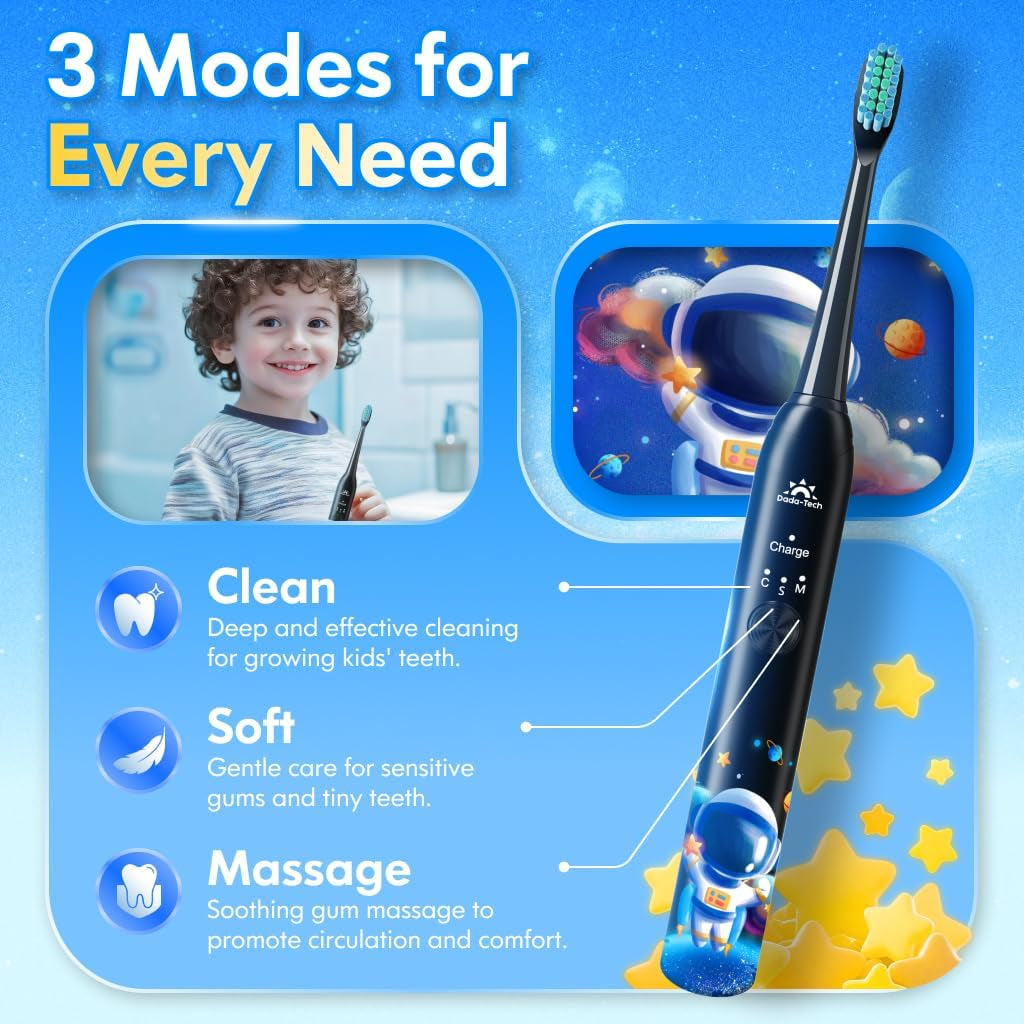 Kids Electric Toothbrush Rechargeable Age 3-5-6-12-18 Year Old, Sonic Toothbrush Kids with Timer 3 Modes 4 Vibrating Heads Habit Stickers Tooth Brush for Girls Boys and Childrens (Astronaut Black)